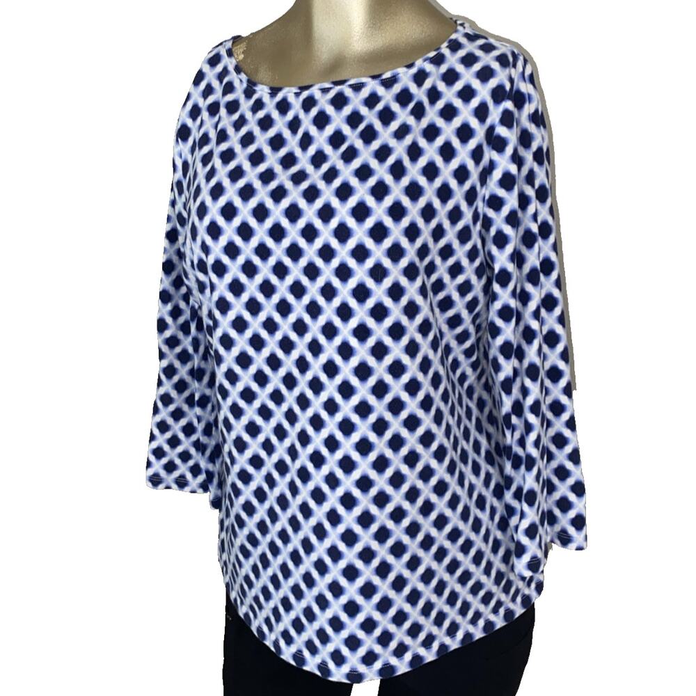 Talbots Tee Large Blue Geo Print Pullover Top 3/4 Sleeve Buisness casual